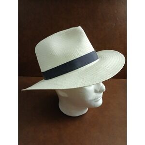 Bailey of Hollywood Mens Straw Fedora Hat Cream Navy Blue Band Made in USA M/L